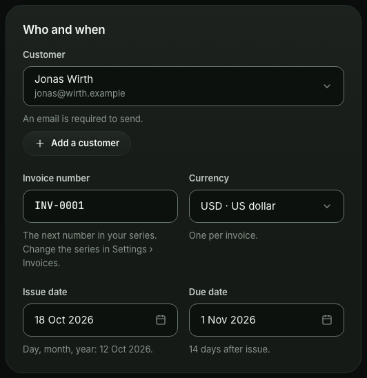 The Create invoice form: the customer Jonas Wirth, a line of 12 bags of house blend at US$18.00, VAT 23%, a note, the issue and due dates, and the total of US$265.68.