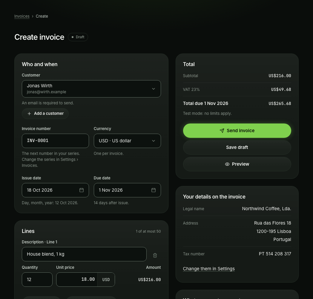 The Create invoice form: the customer Jonas Wirth, a line of 12 bags of house blend at US$18.00, VAT 23%, a note, the issue and due dates, and the total of US$265.68.
