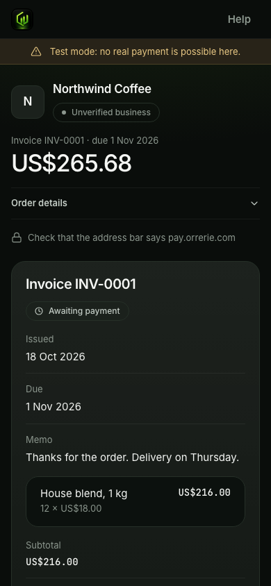 The invoice page on a customer's phone: Northwind Coffee's invoice INV-0001 for US$265.68 with Pay invoice.