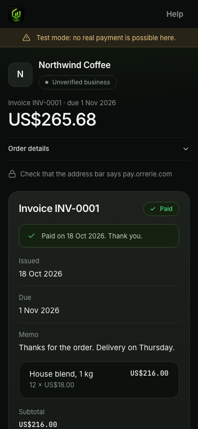 The same invoice page once paid: Paid on the day, Thank you, with View receipt.