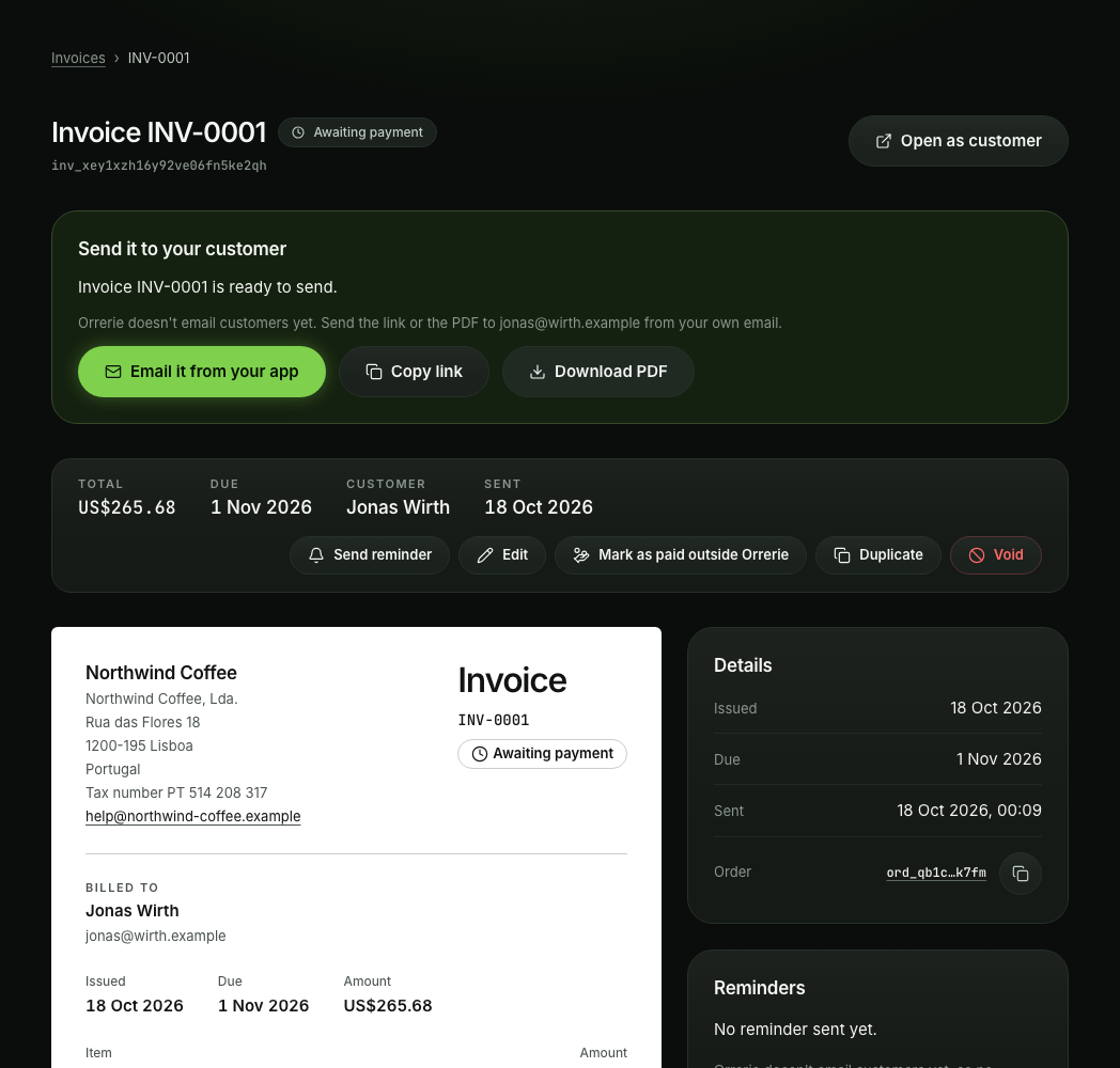 A sent invoice in the dashboard, Awaiting payment, with what to send the customer: Copy link, Download PDF and Email it from your app.