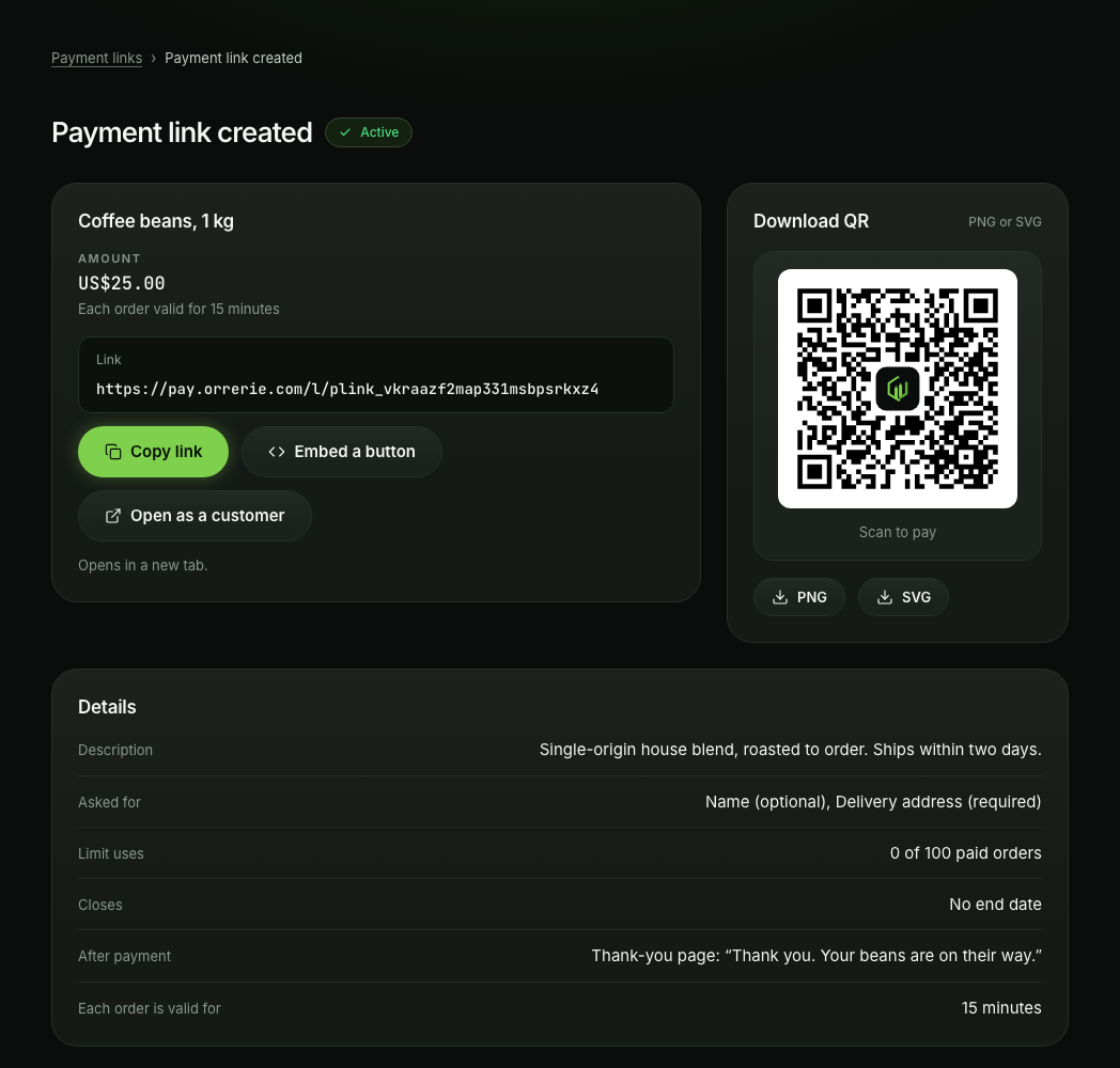 The result screen of a new payment link: its address on pay.orrerie.com with Copy link, the QR code with Download QR, Embed a button and Open as a customer.