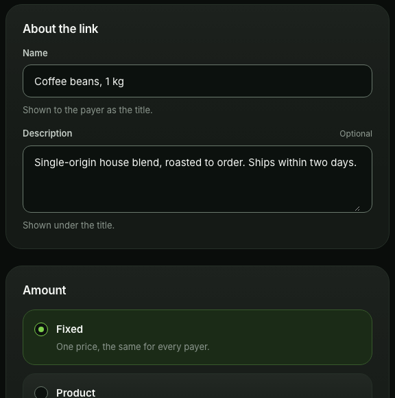The Create payment link form: the name Coffee beans, 1 kg, a fixed amount of US$25.00, a name and a delivery address asked of the payer, and beside it the preview of what the payer sees.