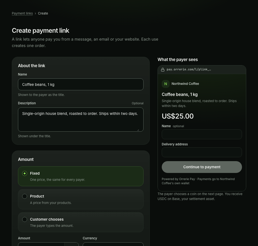 The Create payment link form: the name Coffee beans, 1 kg, a fixed amount of US$25.00, a name and a delivery address asked of the payer, and beside it the preview of what the payer sees.