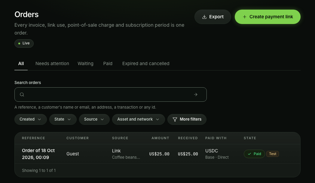 The Orders list in test mode with the link's order marked Paid.