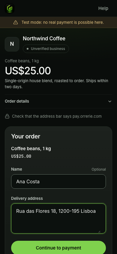 The payment link's page on a phone: the business, Coffee beans, 1 kg, US$25.00, the name and delivery address asked for, and Continue to payment.