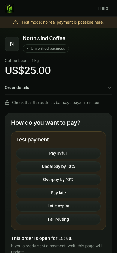 The hosted checkout in test mode on a phone: US$25.00 and the Test payment panel with Pay in full and the other simulated outcomes.