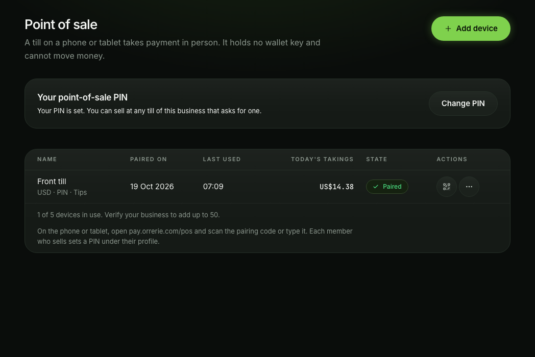 Point of sale in the dashboard with the device Front till, paired, and today's takings of US$14.38.