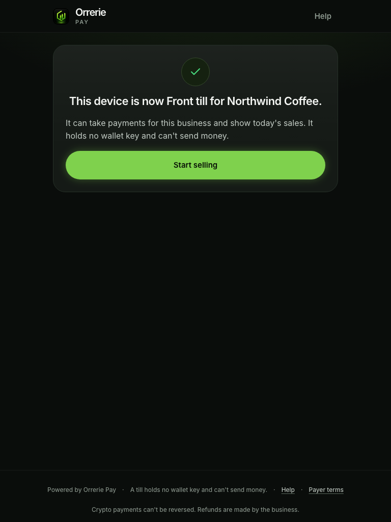 A tablet at pay.orrerie.com/pos just paired: This device is now Front till for Northwind Coffee.