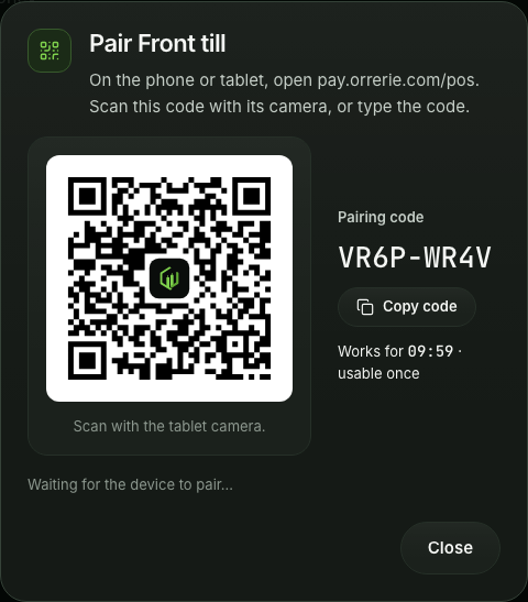 The pairing screen in the dashboard: a QR code and a code of eight characters, which works for 10 minutes and once only.