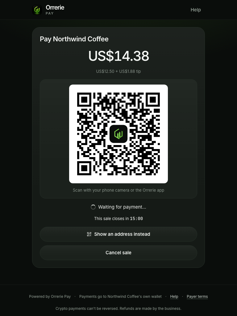 The till showing US$14.38 (US$12.50 and a 15% tip) and a large QR code, Scan with your phone camera or the Orrerie app, and Waiting for payment.