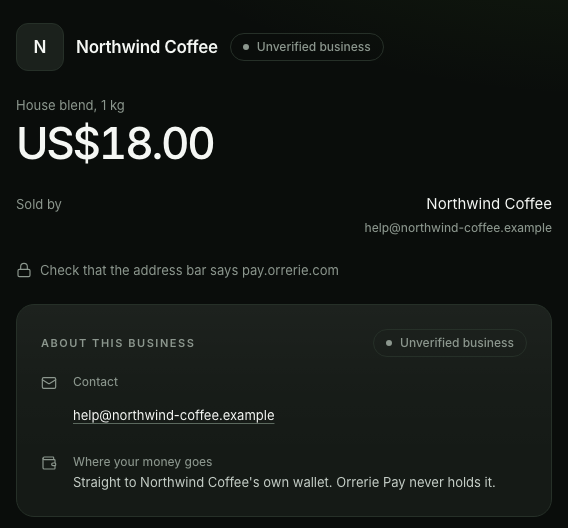 The payment link's page on pay.orrerie.com, opened from the shop's button: House blend, 1 kg, US$18.00 and Continue to payment.