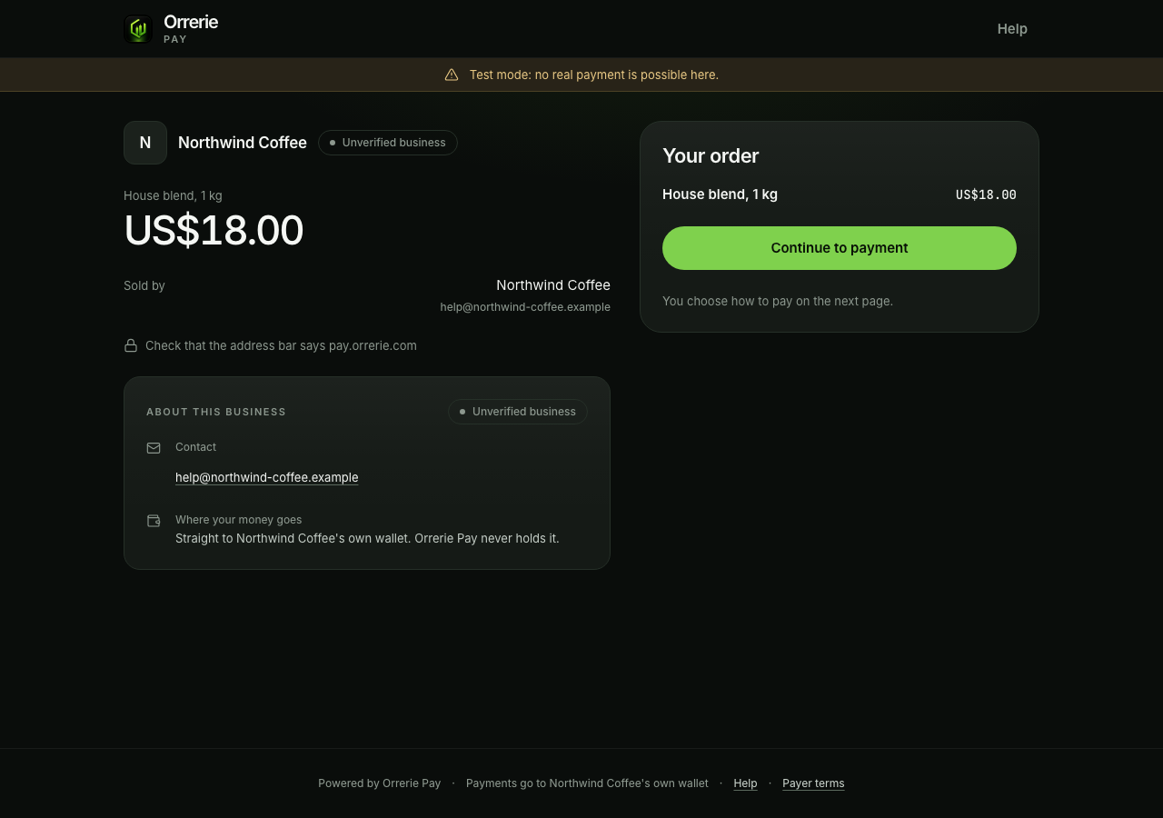 The payment link's page on pay.orrerie.com, opened from the shop's button: House blend, 1 kg, US$18.00 and Continue to payment.