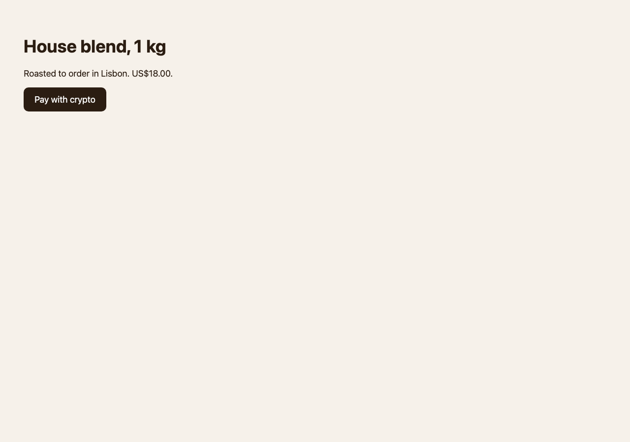 A page of a shop made with a site builder: House blend, 1 kg, US$18.00, and a Pay with crypto button whose address is the payment link.