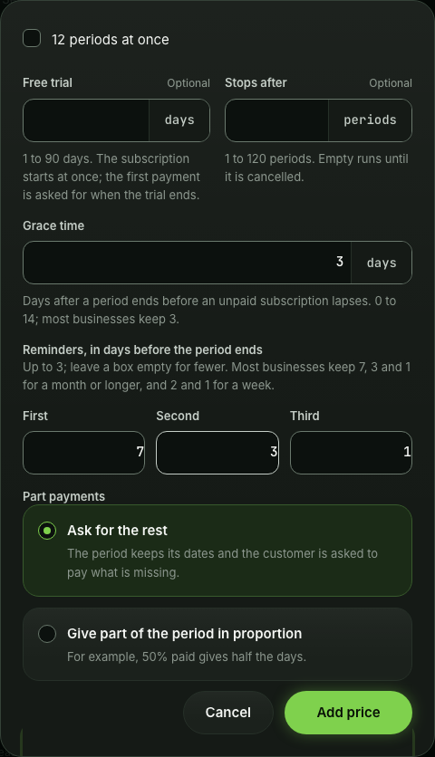 Add price with Recurring chosen: US$20.00 every month, the pay-ahead choices, a grace time of 3 days and reminders 7, 3 and 1 days before the period ends.