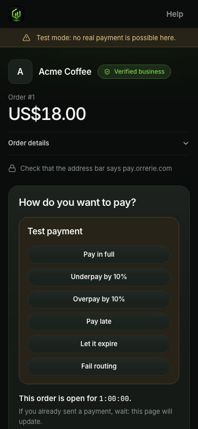 Orrerie's hosted checkout for a WooCommerce test order on a phone: the shop, the order total and the Test payment panel with Pay in full.